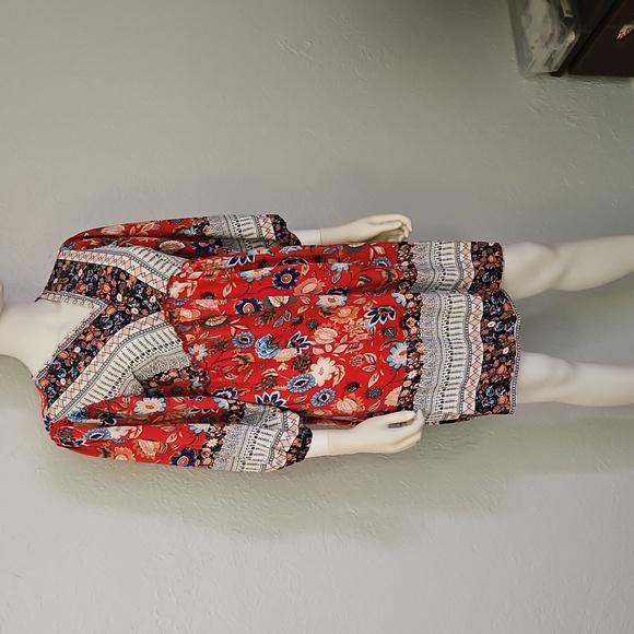 BTFBM Red Floral V-Neck Puff Sleeve Summer Dress - Picture 2 of 11